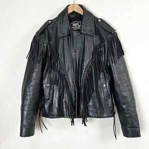FIRST Black Leather Motorcycle Jacket‎ Fringe Pockets Men's Size Medium Vintage